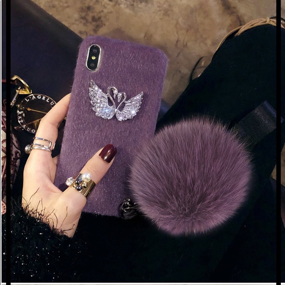 Crystal Rhinestone swan phone case with Pom Pom